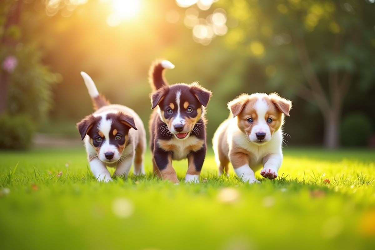 Groupe de chiots Australian Shepherd jouant dans un jardin ensoleille