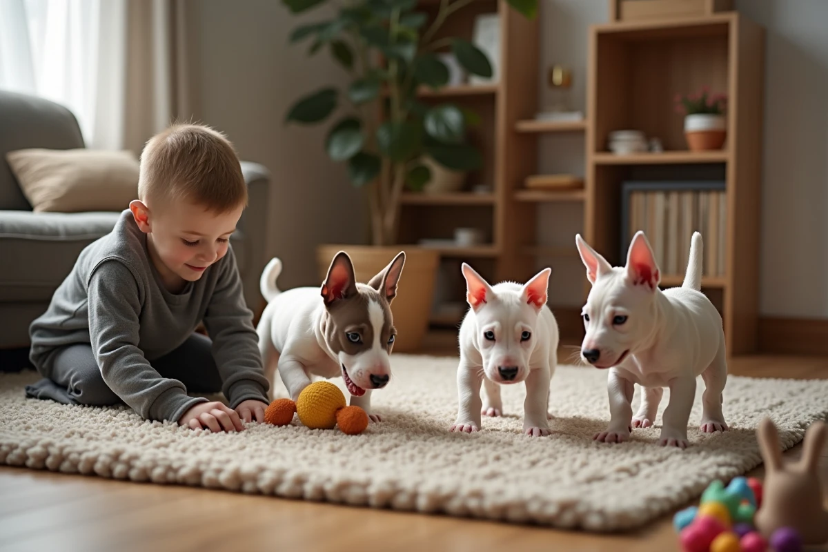 Trois chiots bull terrier explorant le salon avec un garçon