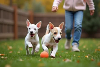 Deux chiots bull terrier jouant dans le jardin avec une fille