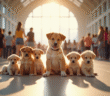 Groupe de chiots de races variées lors d'une exposition en intérieur