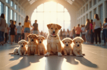Groupe de chiots de races variées lors d'une exposition en intérieur