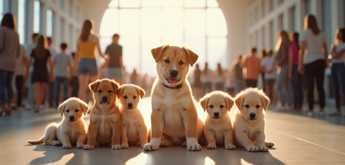 Groupe de chiots de races variées lors d'une exposition en intérieur