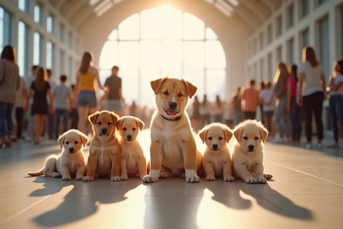 Groupe de chiots de races variées lors d'une exposition en intérieur