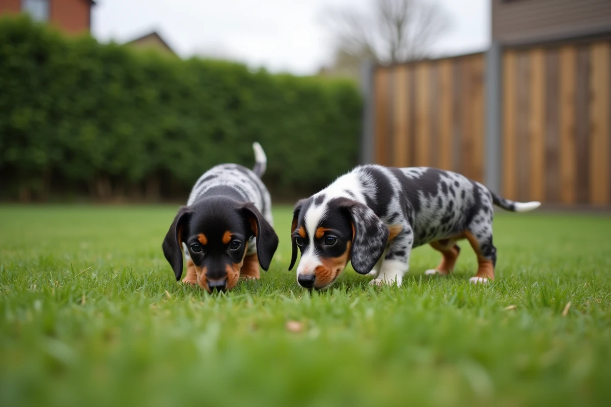 Deux chiots teckels arlequin jouant dans un enclos extérieur propre et sécurisé d'un élevage