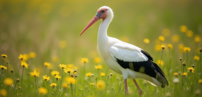 Cigogne blanche dans un pré vert ensoleillé