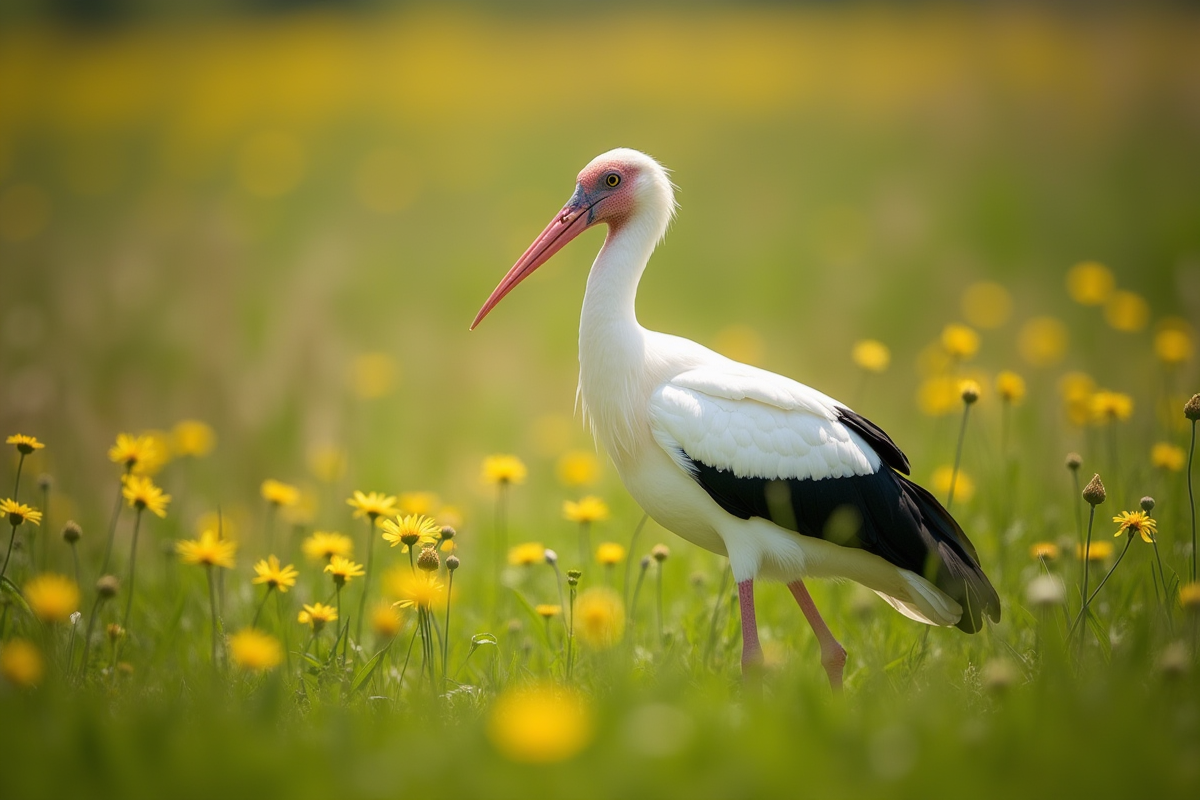 Cigogne blanche dans un pré vert ensoleillé