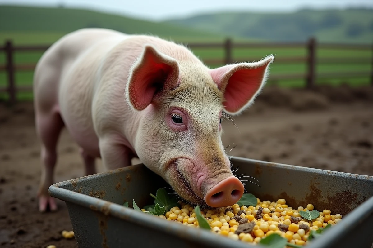 Cochon adulte se nourrissant dans une auge en acier inoxydable dans un enclos de ferme en plein air