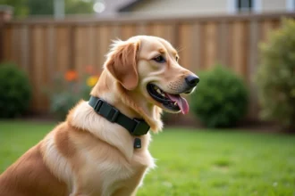 Chien golden retriever portant un collier GPS connecté dans un jardin, suivi en temps réel pour animaux de compagnie