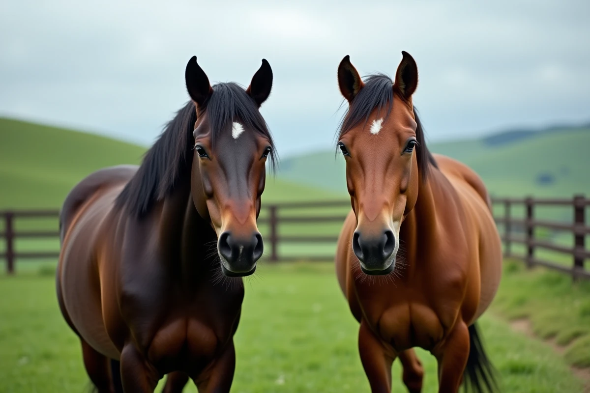 Deux chevaux aux tempéraments opposés côte à côte dans un pré, cheval sensible arabe et cheval froid quarter horse, comparaison du caractère équin