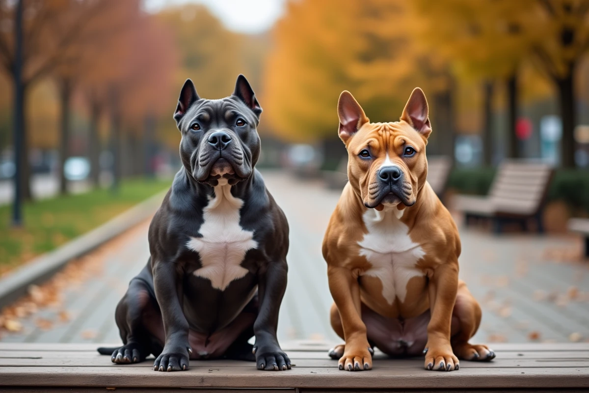 Comparaison de taille entre un Pocket Bully et un Micro Bully assis côte à côte sur un banc de parc en automne