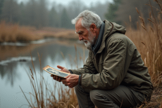 Homme age en nature tenant photo d'une espece extincte