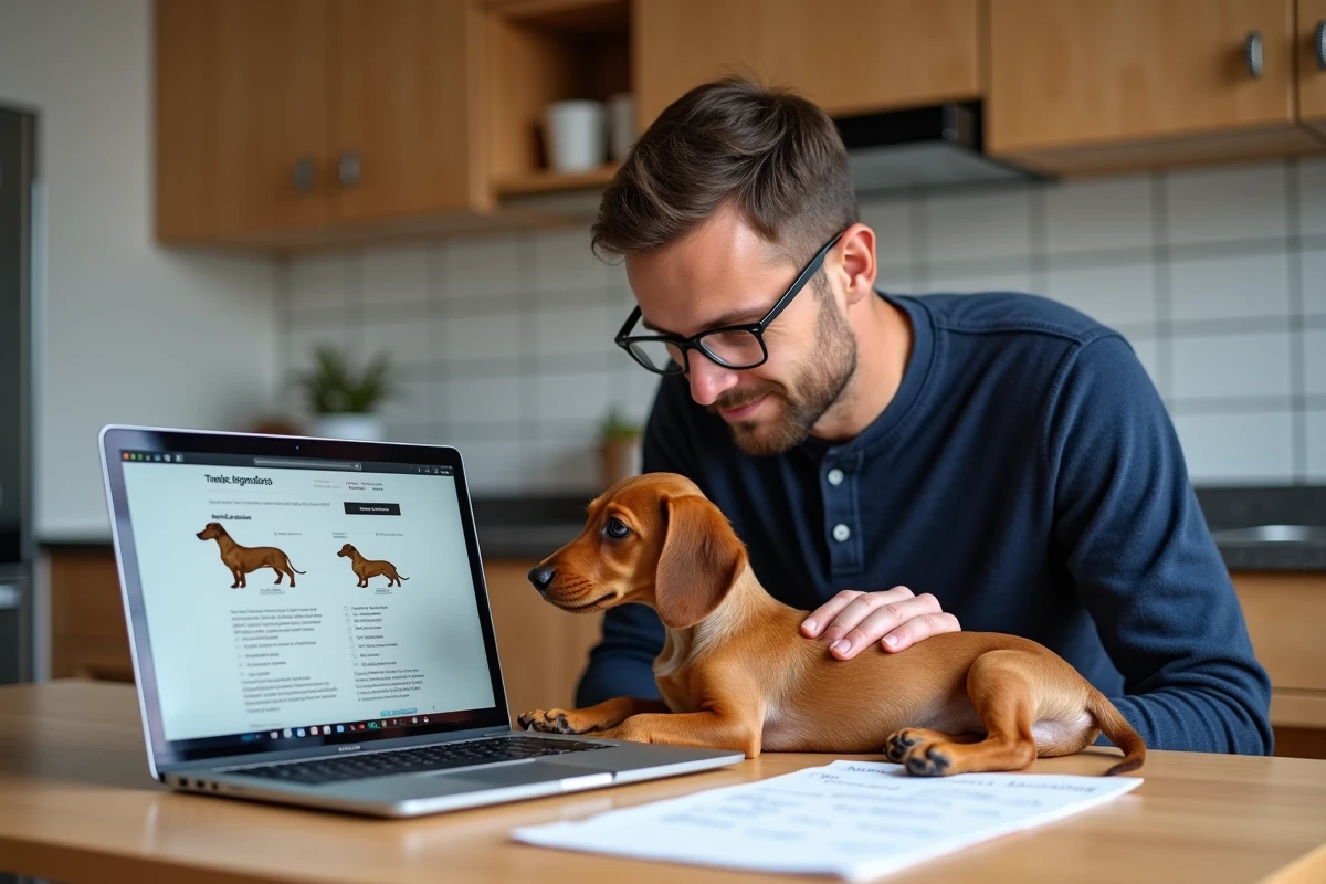 Homme comparant les critères du standard teckel sur un site de kennel club avant l'adoption d'un chiot