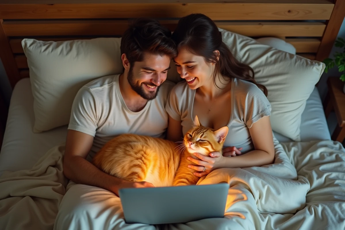 Couple allongé sur un lit riant en parcourant un site communautaire dédié aux chats avec un chat persan orange sur leurs jambes