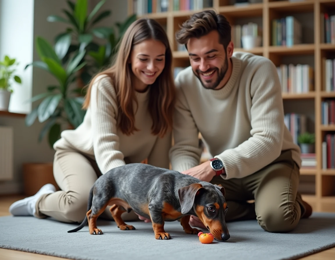 Couple de primo-adoptants jouant avec leur teckel arlequin à la maison dans une ambiance détendue et chaleureuse