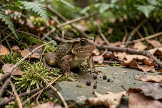 Crapaud commun sur sol forestier humide avec ses crottes noires visibles sur une pierre mousseuse
