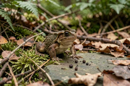 Crapaud commun sur sol forestier humide avec ses crottes noires visibles sur une pierre mousseuse