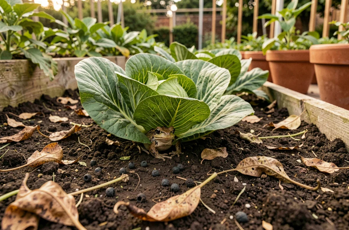 Crapaud dans un potager naturel avec des crottes visibles sur la terre, signe de son rôle écologique bénéfique