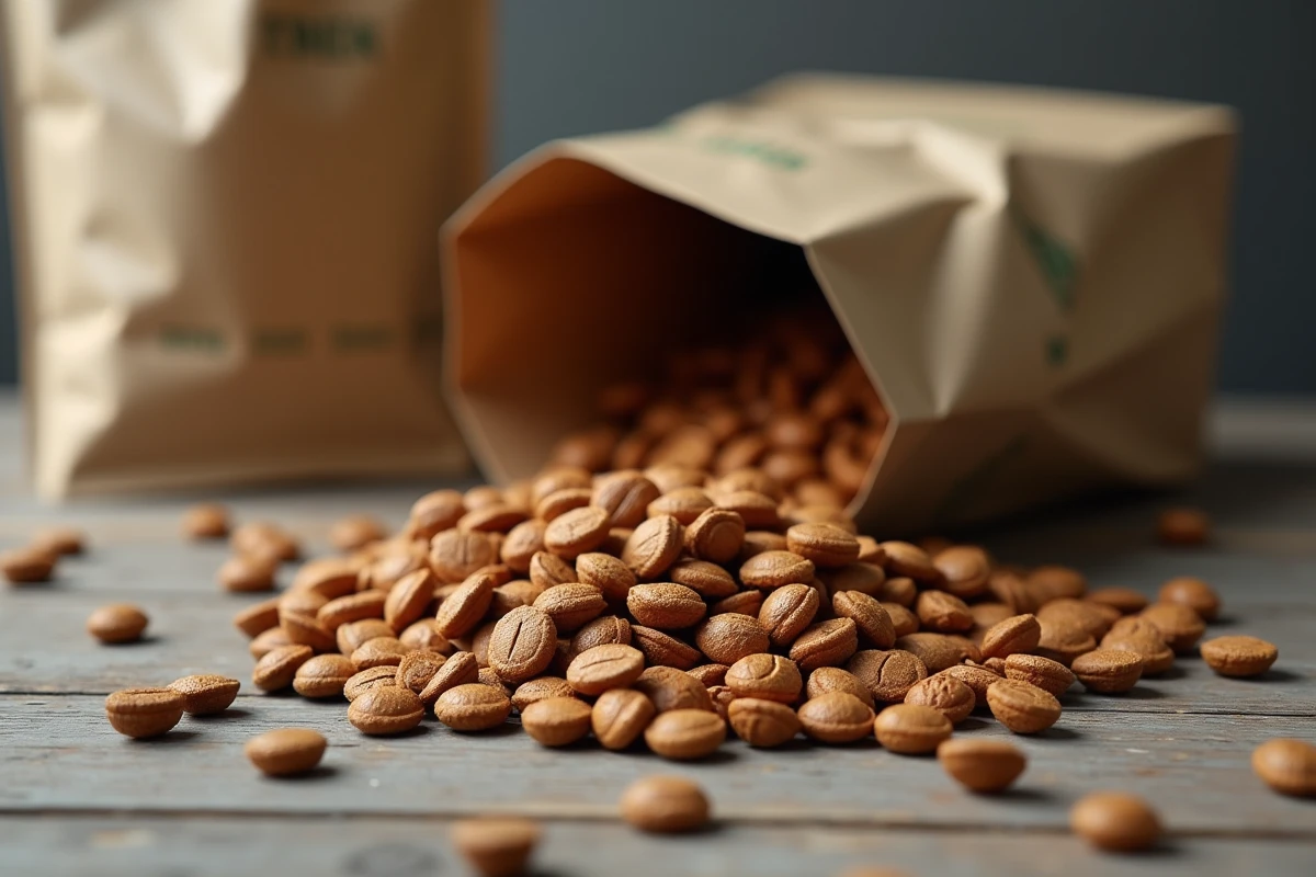 Gros plan de croquettes pour chien premium sur une surface en bois avec un sac de nourriture en arrière-plan, pour une revue de produit nutrition canine