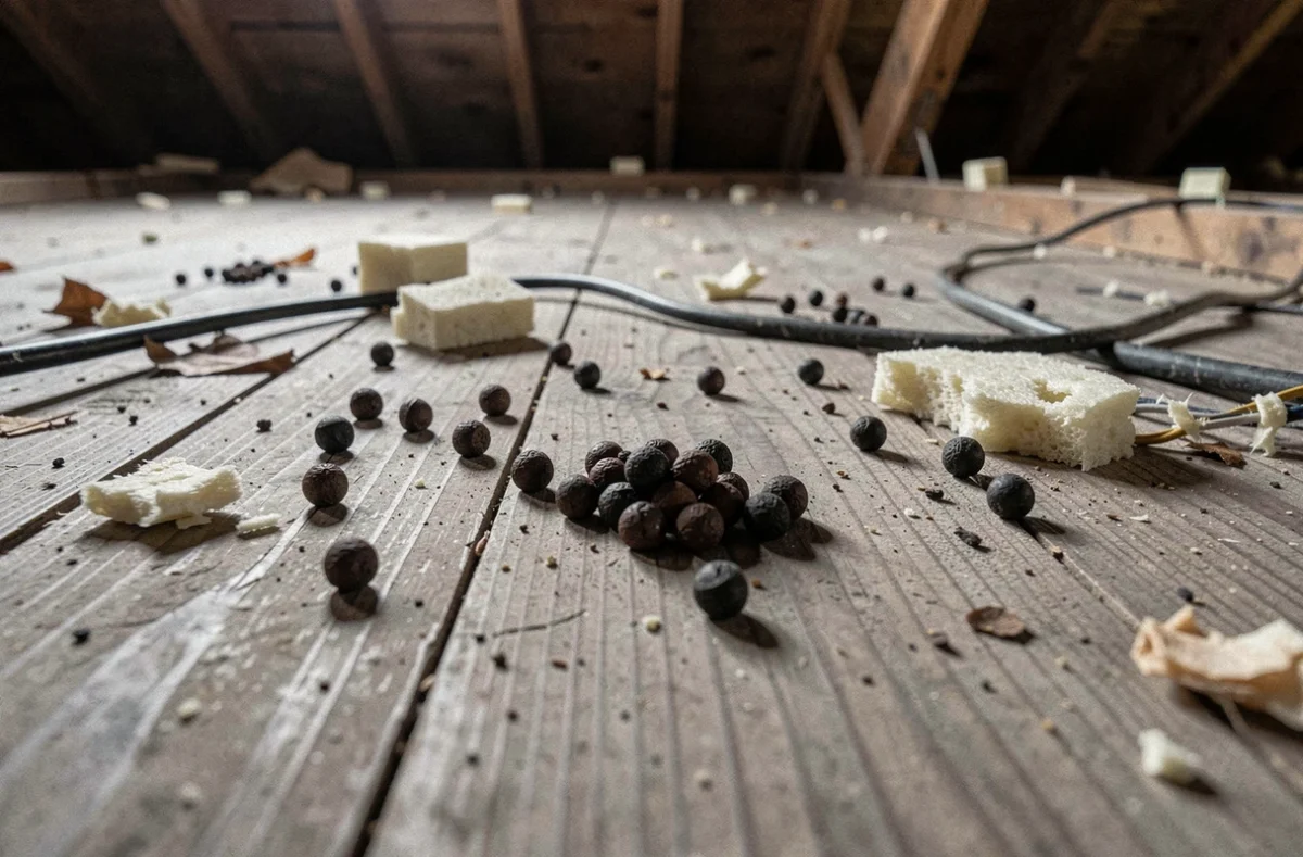 Crottes de fouine sur le plancher d'un grenier avec traces de dégâts, insulation mâchée et câbles rongés