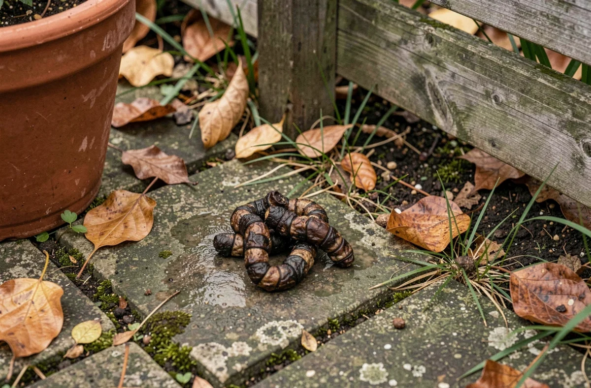 Crottes de renard sur un chemin de jardin en banlieue, détail illustrant les traces laissées par les renards en milieu urbain