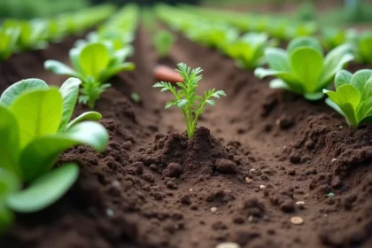 Crottes de sanglier déposées dans un potager entre des rangées de jeunes plants de salade et de carottes, avec le sol retourné et perturbé autour des déjections