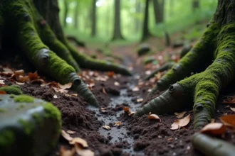 Sol forestier avec traces et crottes de sanglier dans un bois européen humide