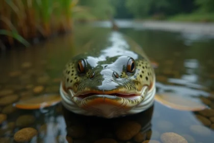 Gros plan sur la mâchoire ouverte d'un brochet en eau douce, montrant ses dents acérées et recourbées dans un environnement naturel de rivière