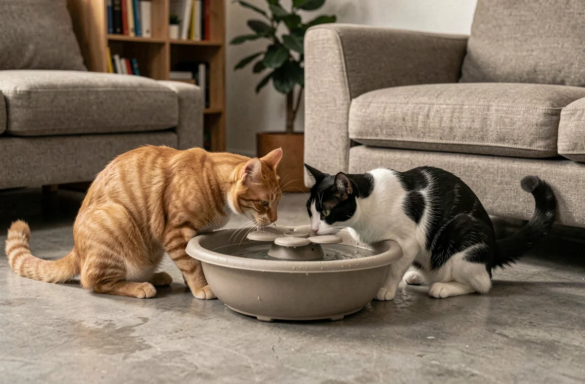 Deux chats partageant une grande fontaine à eau en plastique en forme de fleur posée sur un sol en béton dans un salon