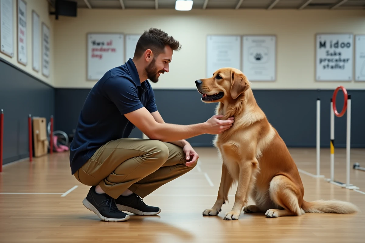 Jeune dresseur avec golden en centre d