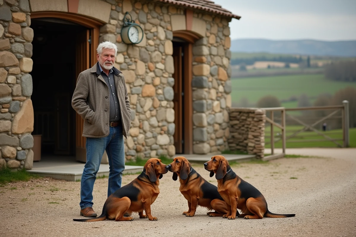 Eleveur français avec chiens basset hound devant la pension