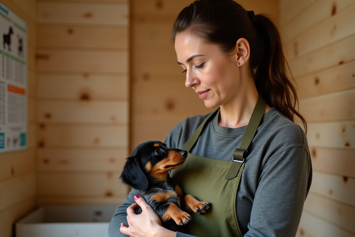 Éleveuse professionnelle tenant un chiot teckel arlequin dans une salle de mise bas aménagée