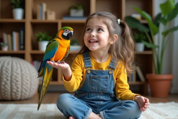 Fille de 8 ans avec perroquet rosella dans un salon chaleureux