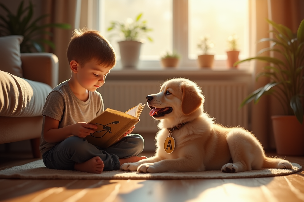 Garçon lisant un livre avec un chiot portant une médaille A