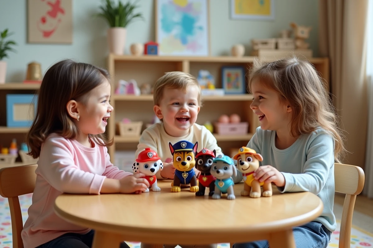 Trois enfants jouant avec des figurines Paw Patrol dans la salle de jeux