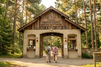 Entrée principale du Zoo de La Palmyre aux Mathes avec une famille en été devant les caisses
