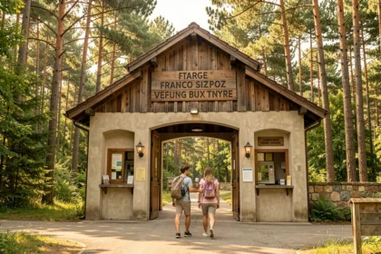 Entrée principale du Zoo de La Palmyre aux Mathes avec une famille en été devant les caisses