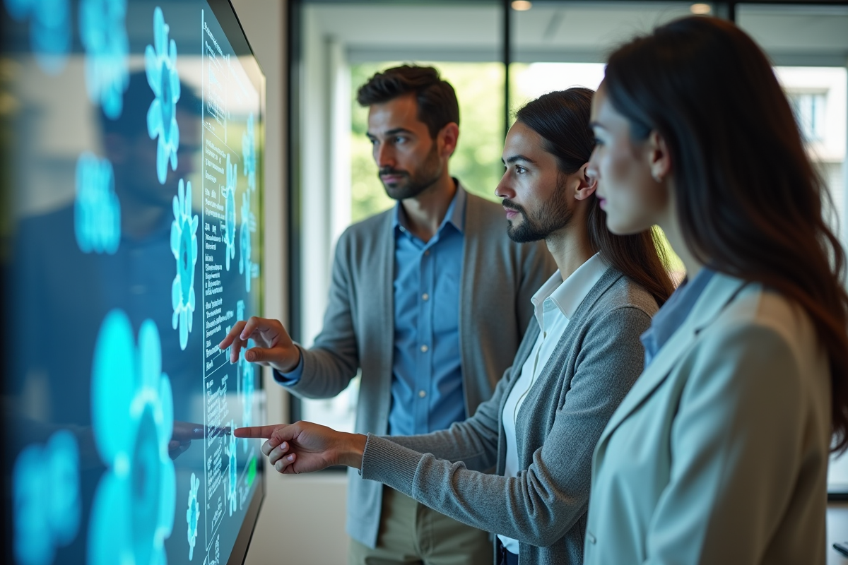 Equipe de chercheurs observant un écran de modélisation moléculaire