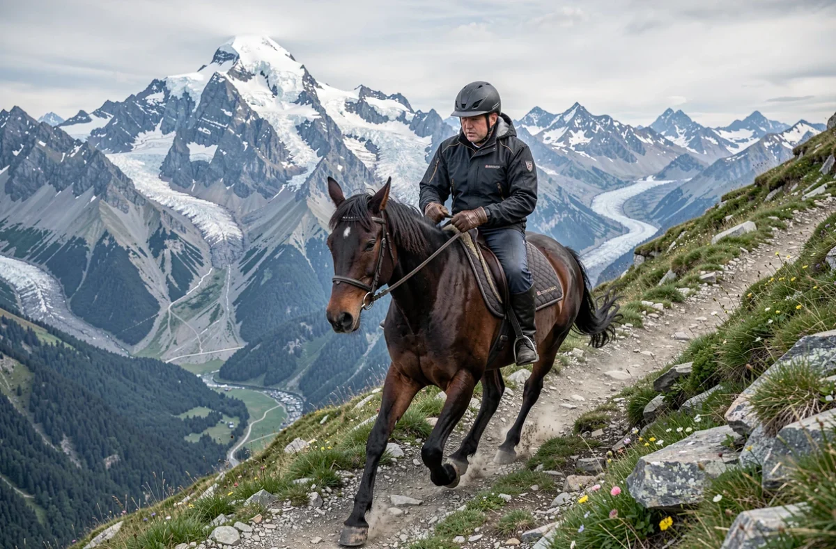 Cavalier gravissant un sentier alpin escarpé dans le Grand Massif en Haute-Savoie avec le massif du Mont-Blanc en arrière-plan