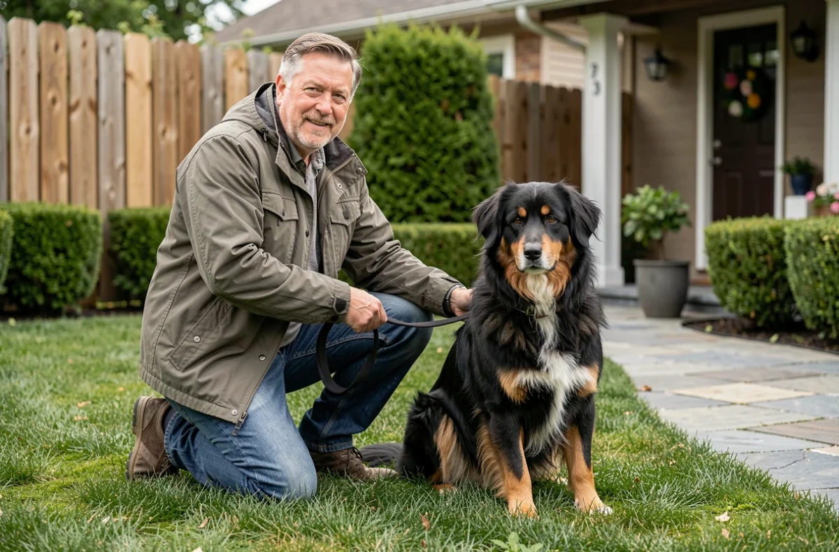 Homme en jardin tenant en laisse un chien Eurasier adulte lors d'une première promenade d'adaptation