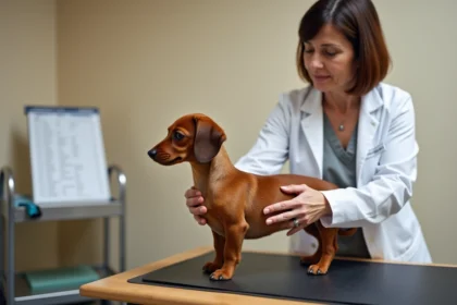 Femme évaluant la conformation d'un chiot teckel sur une table d'examen selon le standard de race