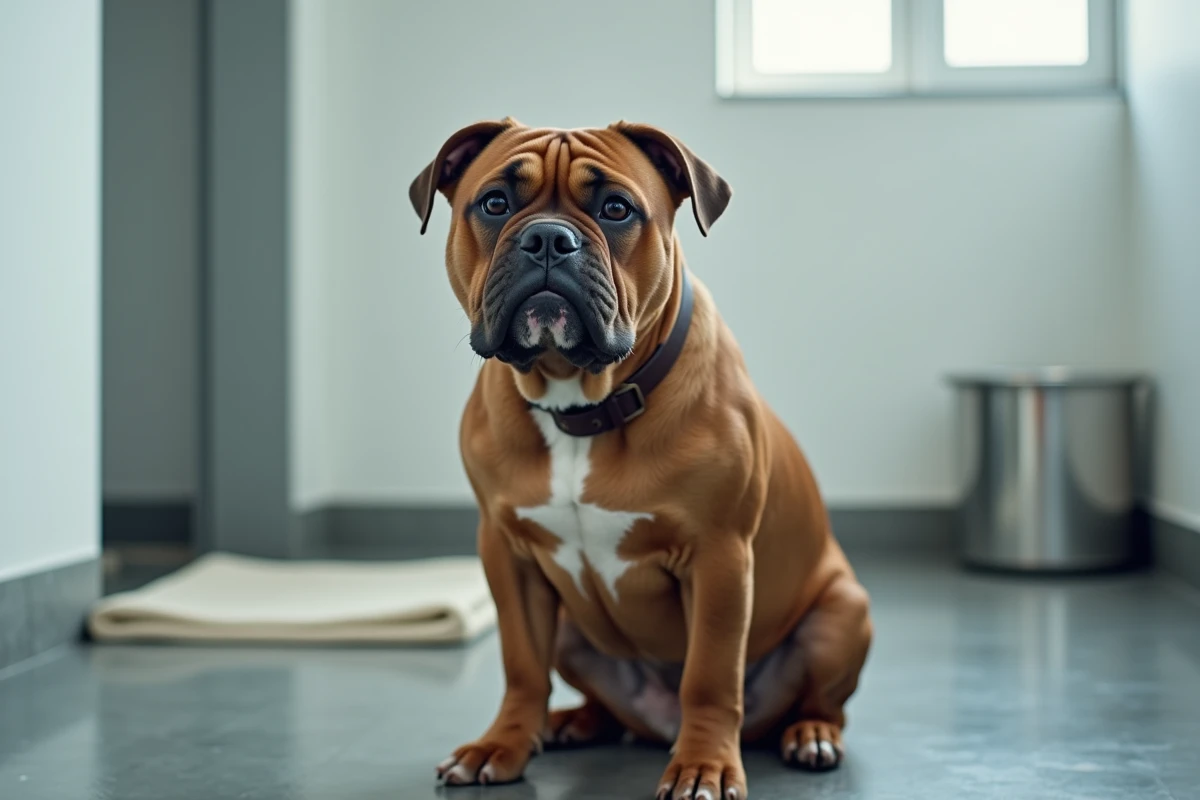 Exotic Bully compact avec museau plat et rides prononcées assis dans un chenil professionnel moderne
