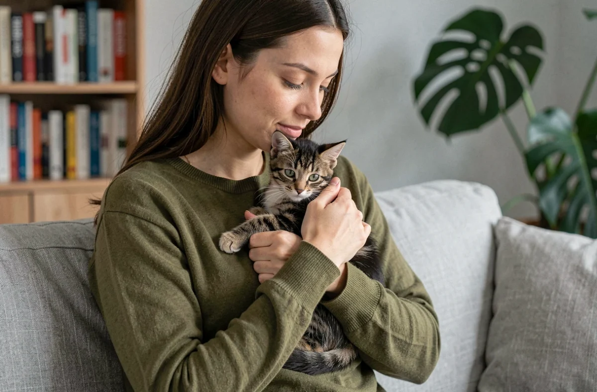 Jeune femme tenant tendrement un chaton noir et tigré contre elle dans un salon cosy, moment d'adoption émouvant