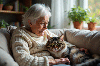 Femme agee caressant un chat blanc et gris sur son fauteuil