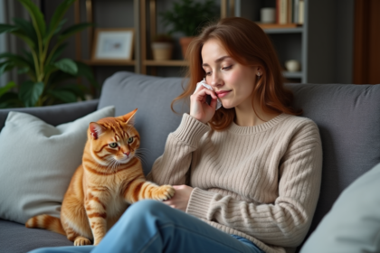 Jeune femme avec chat ginger dans un salon cozy