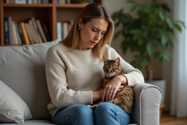 Femme attentive avec son chat tachete inspectant son pelage