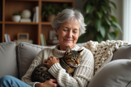 Femme en pull côtelé tenant son chat tabby à la maison