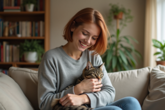 Jeune femme souriante avec chat tabby dans un salon cozy