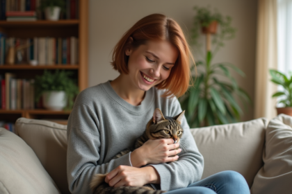 Jeune femme souriante avec chat tabby dans un salon cozy