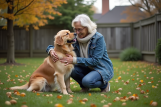 Femme embrassant un vieux chien golden retriever dans un jardin