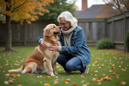Femme embrassant un vieux chien golden retriever dans un jardin